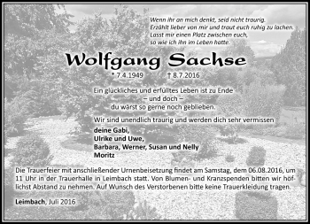 Traueranzeige von Wolfgang Sachse von Südthüringer Presse