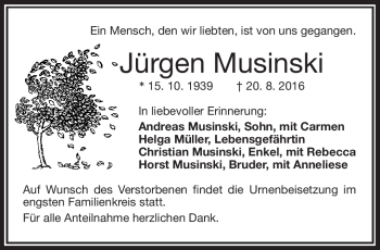 Traueranzeige von Jürgen Musinski von Frankenpost