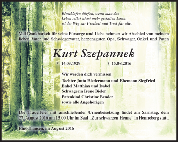 Traueranzeige von Kurt Szepannek von Südthüringer Presse