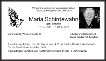 Traueranzeige von Maria Schirdewahn von Frankenpost