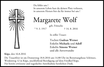 Traueranzeige von Margarete Wolf von Neue Presse Coburg