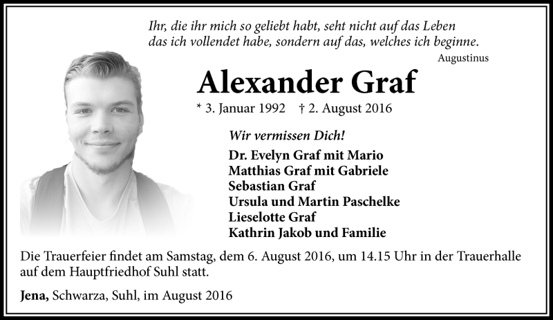  Traueranzeige für Alexander Graf vom 05.08.2016 aus Südthüringer Presse