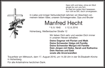 Traueranzeige von Manfred Hecht von Frankenpost