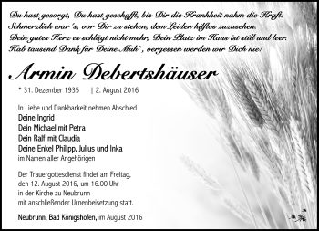 Traueranzeige von Armin Debertshäuser von Südthüringer Presse
