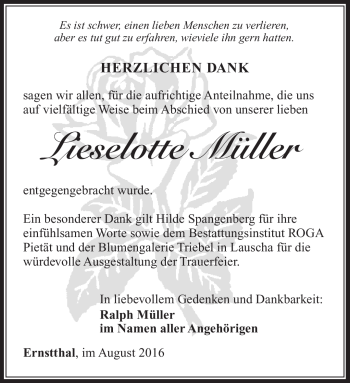 Traueranzeige von Lieselotte Müller von Südthüringer Presse