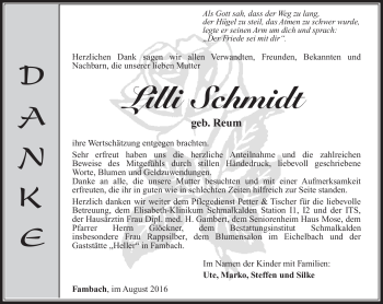 Traueranzeige von Lilli Schmidt von Südthüringer Presse
