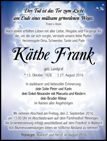 Traueranzeige von Käthe Frank von Südthüringer Presse
