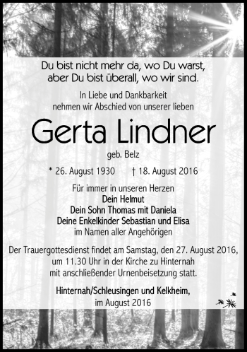 Traueranzeige von Gerta Lindner von Südthüringer Presse