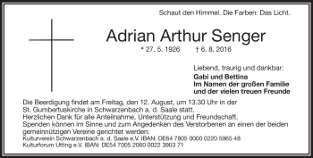 Traueranzeige von Adrian Arthur Senger von Frankenpost