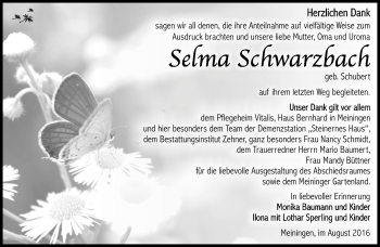Traueranzeige von Selma Schwarzenbach von Südthüringer Presse