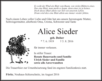 Traueranzeige von Alice Sieder von Südthüringer Presse