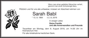 Traueranzeige von Sandra Babl von Frankenpost