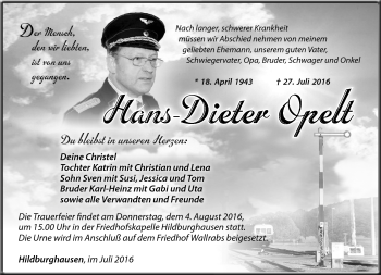 Traueranzeige von Hans-Dieter Opelt von Südthüringer Presse