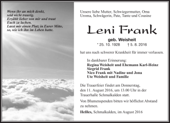 Traueranzeige von Leni Frank von Südthüringer Presse