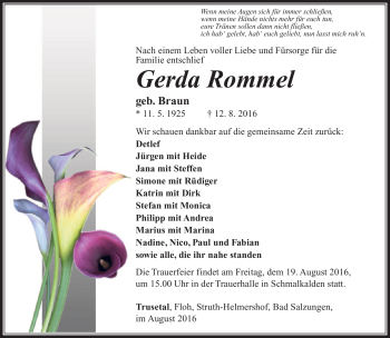 Traueranzeige von GErda Rommel von Südthüringer Presse