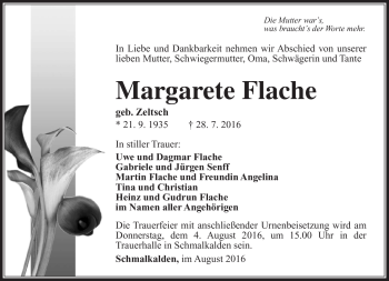 Traueranzeige von Margarete Flache von Südthüringer Presse