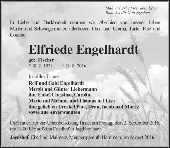 Traueranzeige von Elfriede Engelhardt von Südthüringer Presse