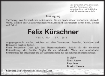 Traueranzeige von Felix Kürschner von Südthüringer Presse