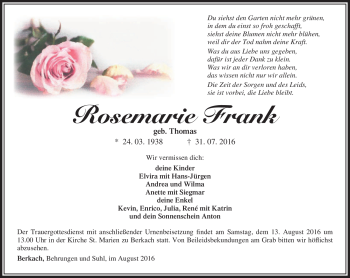 Traueranzeige von Rosemarie Frank von Südthüringer Presse