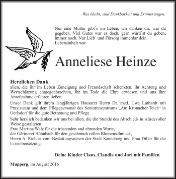 Traueranzeige von Anneliese Heinz von Südthüringer Presse