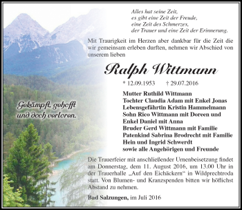 Traueranzeige von Ralph Wittmann von Südthüringer Presse