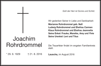 Traueranzeige von Joachim Rohrdrommel von Südthüringer Presse