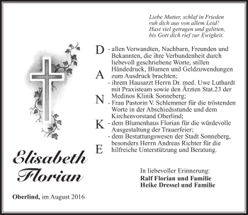 Traueranzeige von Elisabeth Florian von Südthüringer Presse