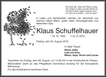 Traueranzeige von Klaus Schuffelhauer von Frankenpost