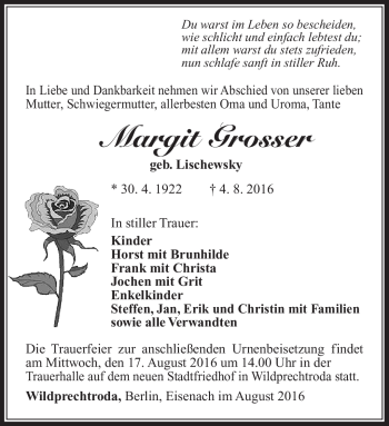 Traueranzeige von Margit Grosser von Südthüringer Presse