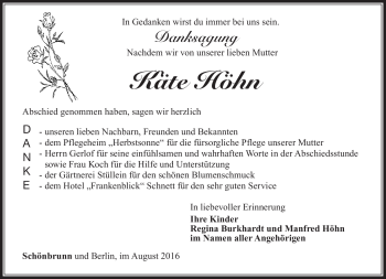 Traueranzeige von Käte Höhn von Südthüringer Presse