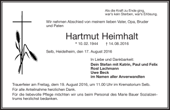 Traueranzeige von Hartmut Heimhalt von Frankenpost