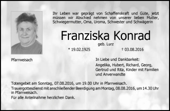 Traueranzeige von Franzsika Konrad von Neue Presse Coburg