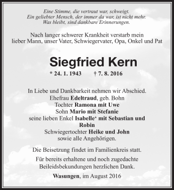 Traueranzeige von Siegfried Kern von Südthüringer Presse