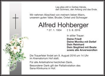 Traueranzeige von Alfred Hohberger von Frankenpost