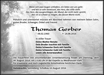 Traueranzeige von Thomas Gerber von Südthüringer Presse