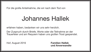 Traueranzeige von Johannes Hallek von Frankenpost