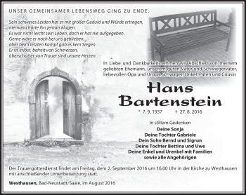 Traueranzeige von Hans Bartenstein von Südthüringer Presse