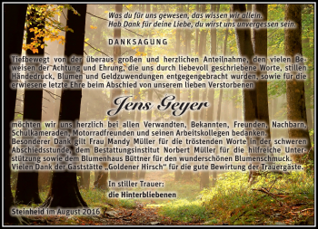 Traueranzeige von Jens Geyer von Südthüringer Presse