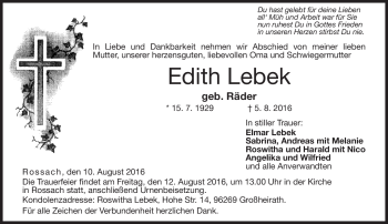 Traueranzeige von Edith Lebek von Neue Presse Coburg