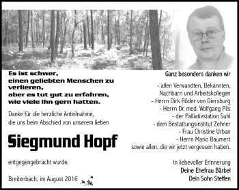 Traueranzeige von Siegmund Hopf von Südthüringer Presse