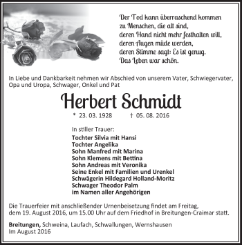 Traueranzeige von Herbert Schmidt von Südthüringer Presse