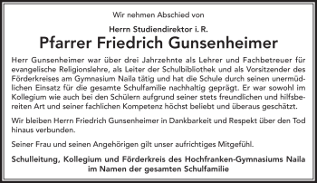 Traueranzeige von Friedrich Gunsenheimer von Frankenpost