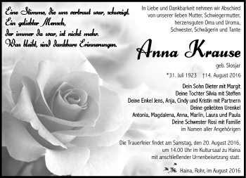 Traueranzeige von Anna Krause von Südthüringer Presse