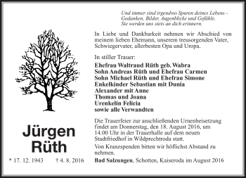 Traueranzeige von Jürgen Rüth von Südthüringer Presse