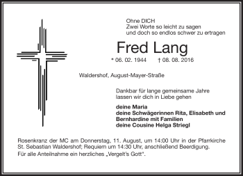 Traueranzeige von Lang Fred von Frankenpost