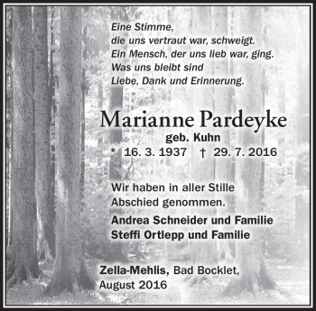 Traueranzeige von Marianne Pardeyke von Südthüringer Presse