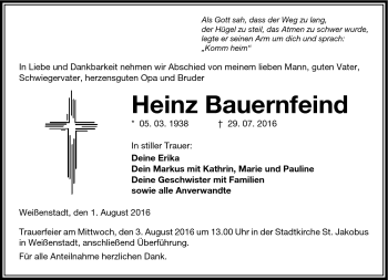 Traueranzeige von Heinz Bauernfeind von Frankenpost