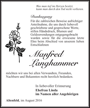 Traueranzeige von Manfred Langhammer von Südthüringer Presse