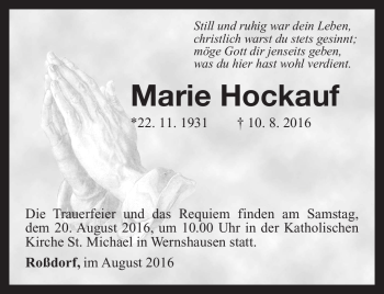 Traueranzeige von Marie Hockauf von Südthüringer Presse