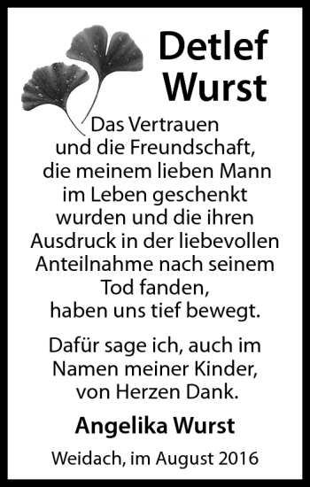 Traueranzeige von Detlef Wurst von Neue Presse Coburg